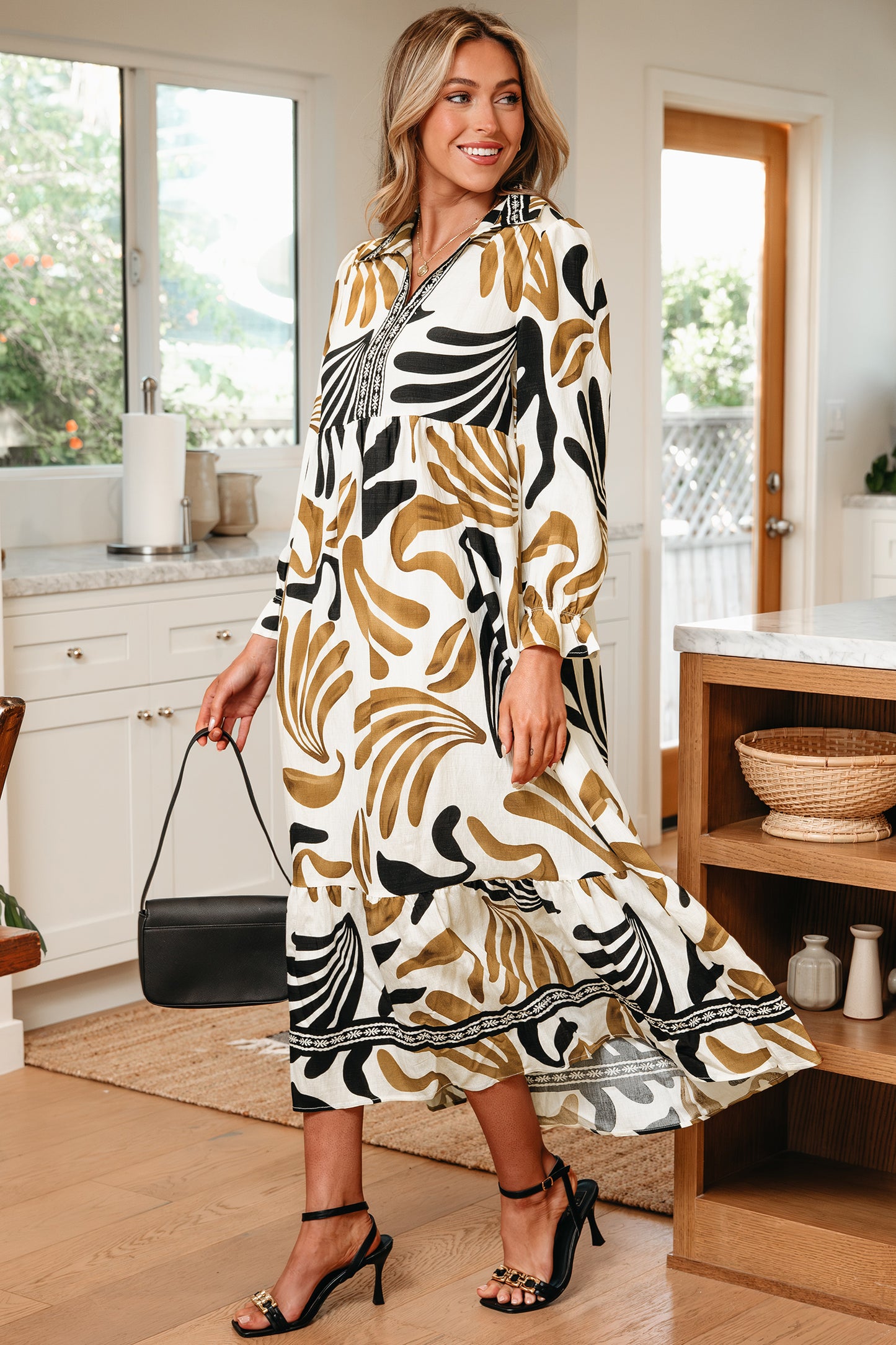 Brown Abstract Leaf Print Long Sleeve Ruffle Maxi Dress
