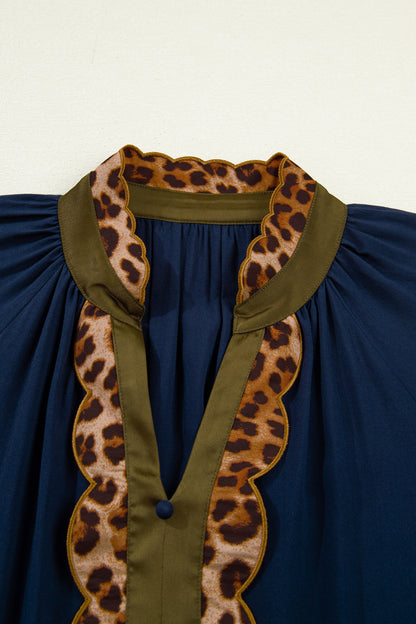 Navy Blue Leopard Trim Ruffle Hem Mini Dress – Casual Boutique Shift Dress