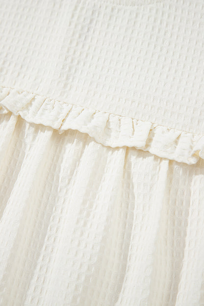 White Waffle Knit Ruffle Sleeve Blouse – Feminine Mock Neck Everyday Top