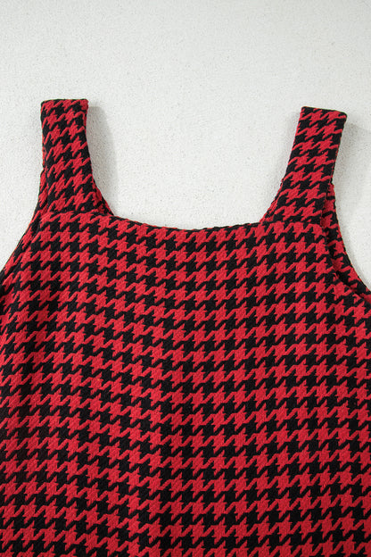 Red textured houndstooth jacquard sleeveless mini dress with V-neckline and A-line silhouette.