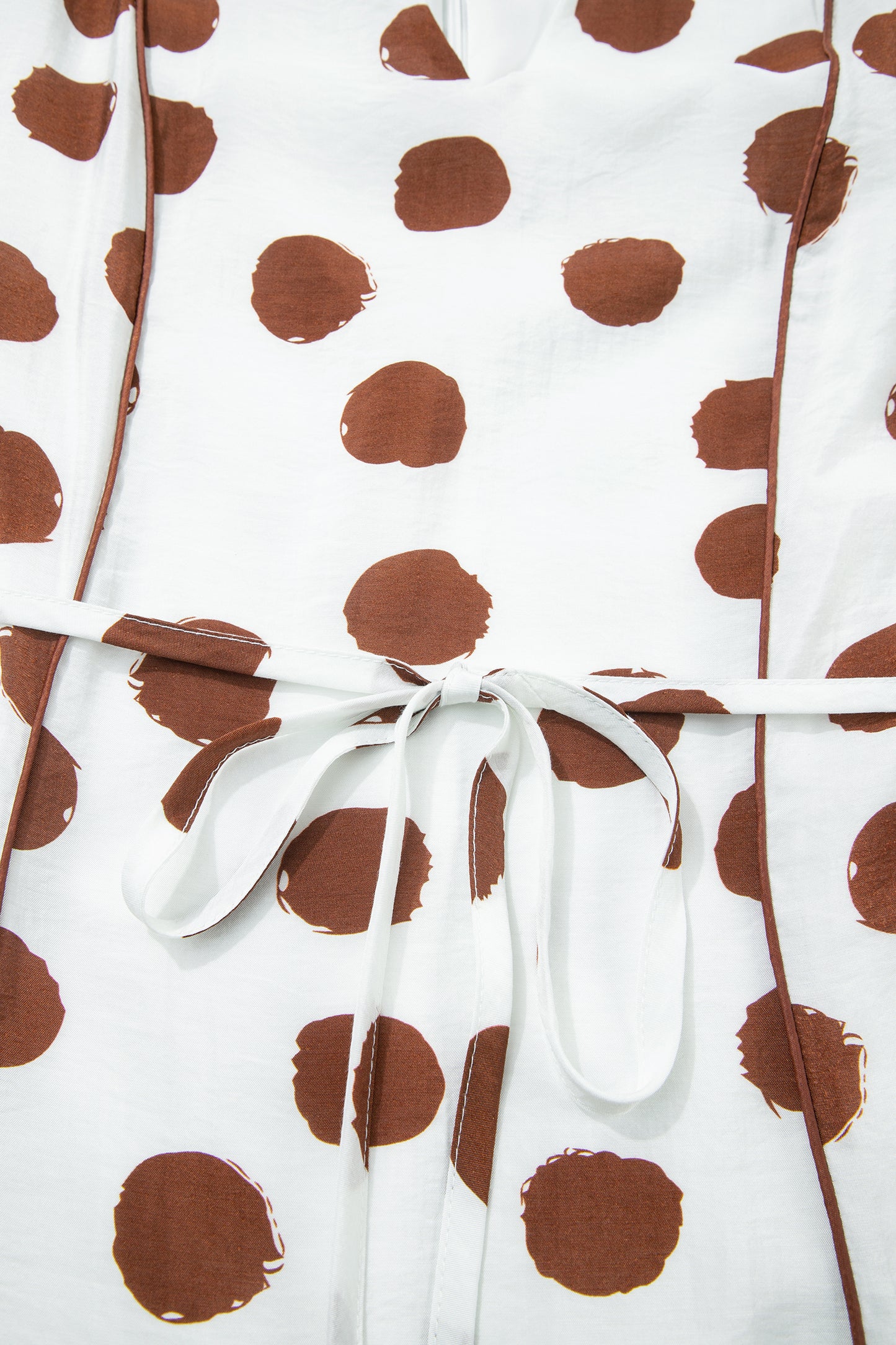 White Brown Polka Dot V-Neck Tie Waist Midi Dress