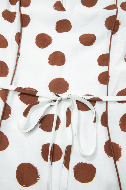 White Brown Polka Dot V-Neck Tie Waist Midi Dress