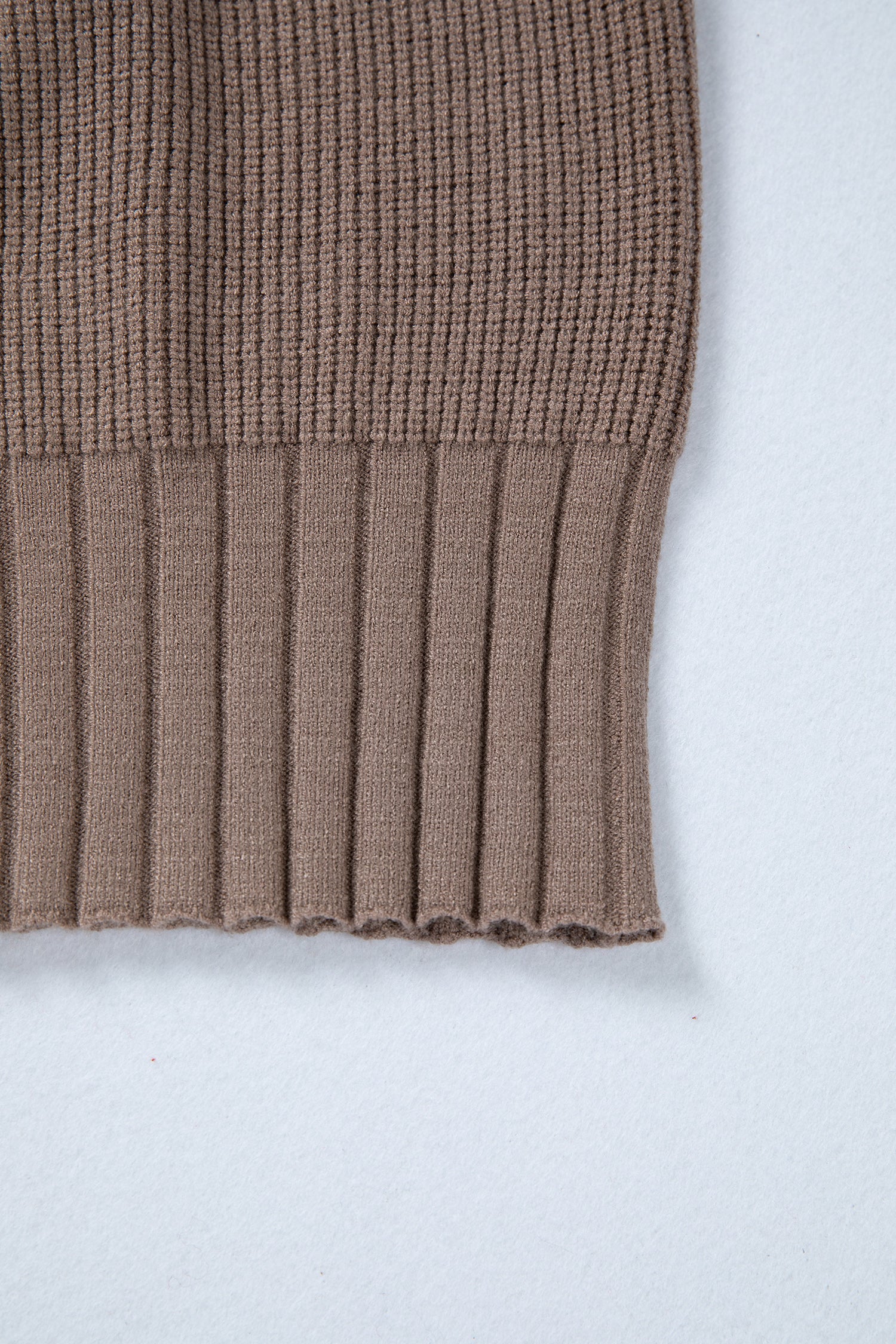 Women's taupe textured bishop sleeve cardigan with a V-neck, button-front closure, mixed knit texture, and relaxed fit.