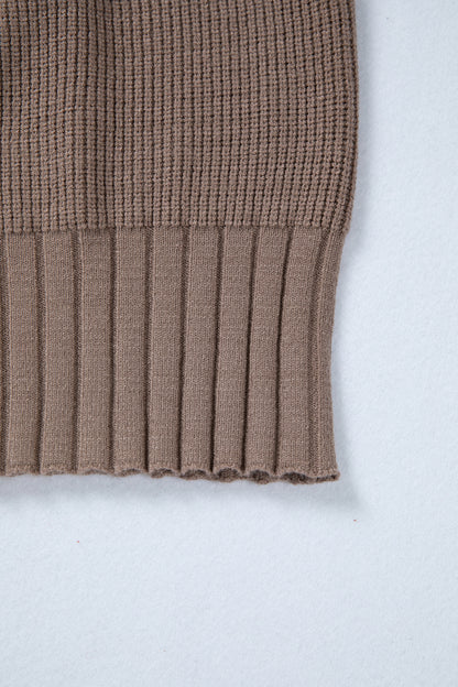 Women's taupe textured bishop sleeve cardigan with a V-neck, button-front closure, mixed knit texture, and relaxed fit.