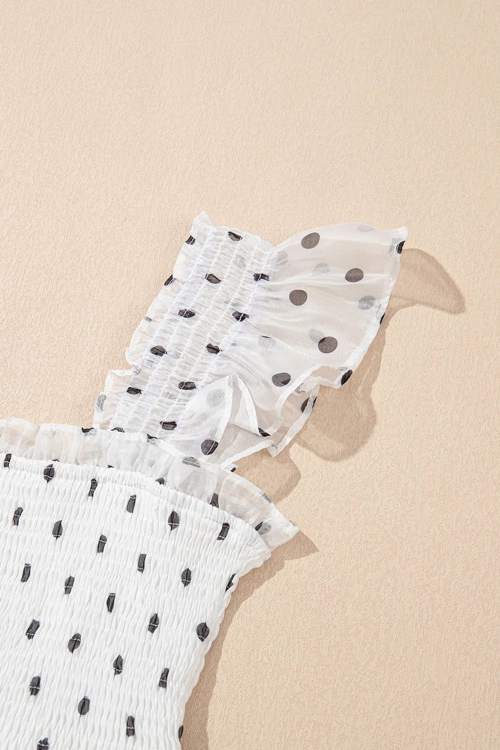 White Polka Dot Smocked Ruffle Strap Maxi Dress
