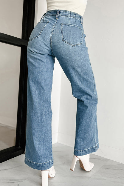 Dusk Blue Multi‑Button Medium Wash Straight Loose‑Leg Jeans