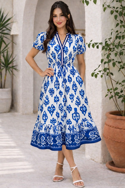 Blue Floral Puff Sleeve High Waist Maxi Dress