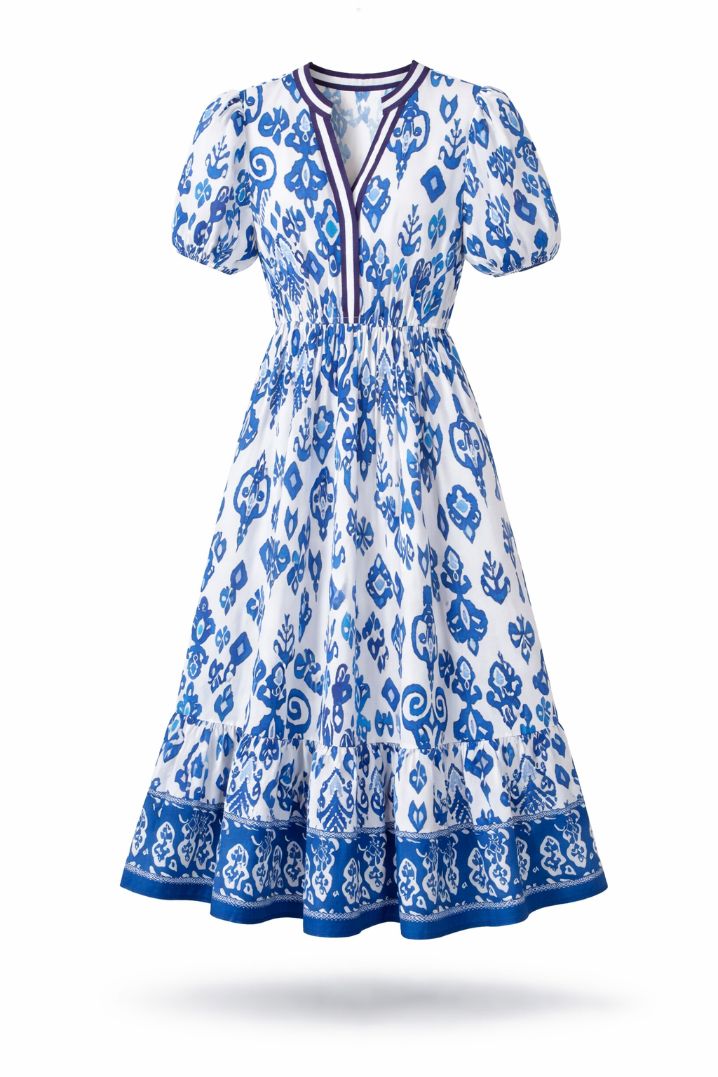 Blue Floral Puff Sleeve High Waist Maxi Dress
