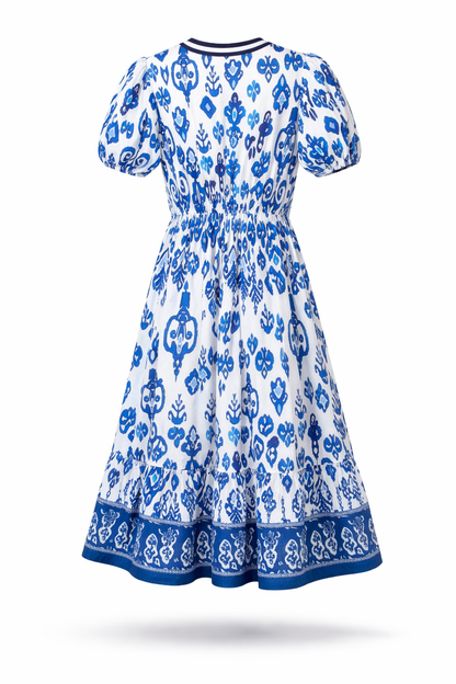 Blue Floral Puff Sleeve High Waist Maxi Dress