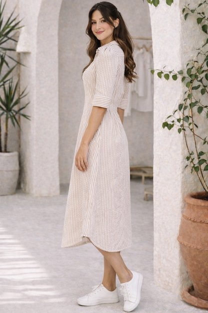 Khaki Striped Button Down Shirt Maxi Dress with Pockets