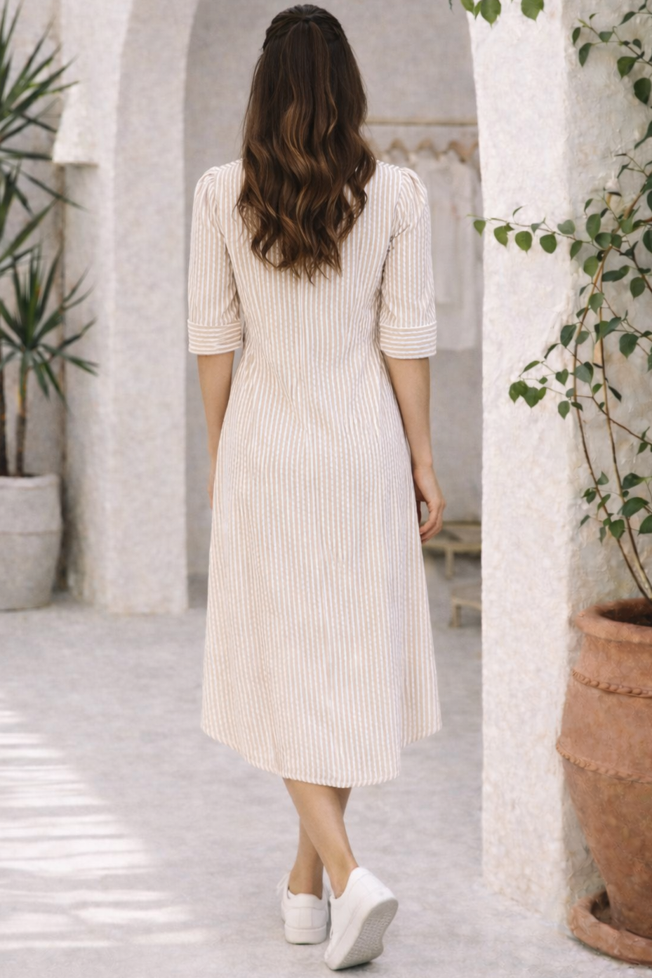 Khaki Striped Button Down Shirt Maxi Dress with Pockets