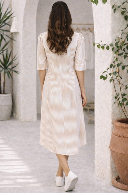 Khaki Striped Button Down Shirt Maxi Dress with Pockets