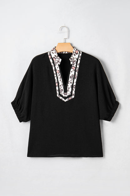 Leopard Trim V-Neck Blouse – Relaxed Fit Statement Top