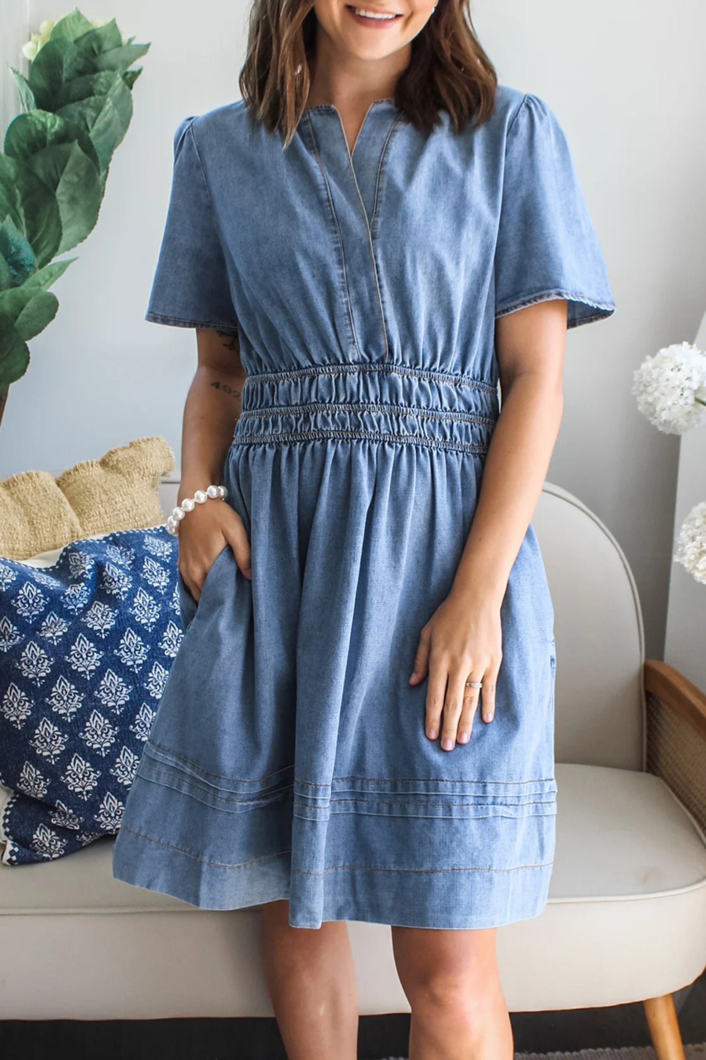 Light Blue Denim Puff Sleeve Smocked Waist Semi Babydoll Mini Dress