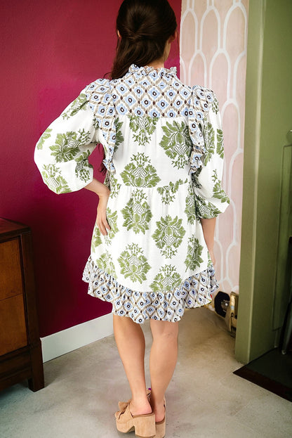 Green Floral Patchwork V-Neck Ruffle Sleeve Mini Dress
