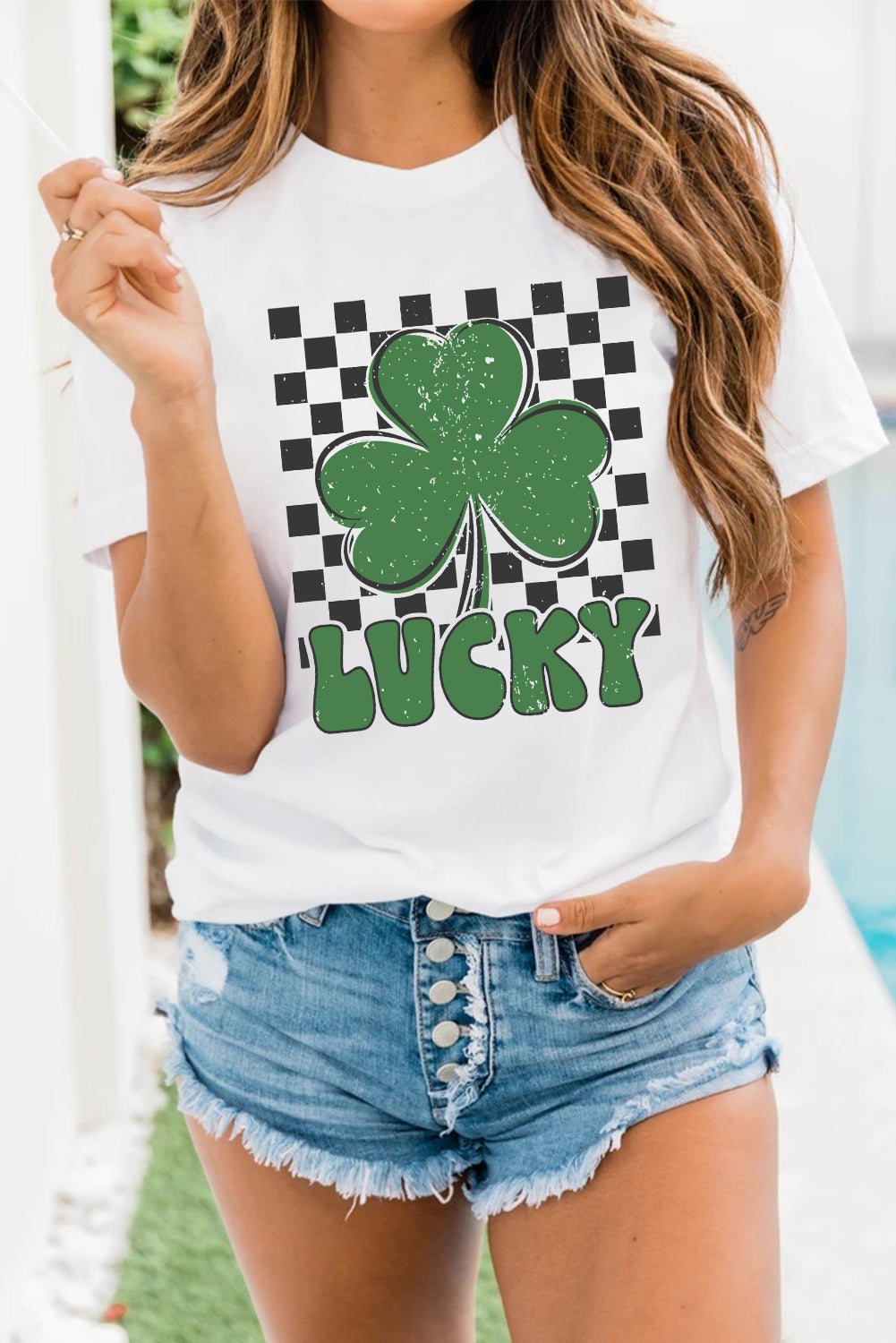 Checkerboard Lucky Clover Tee – White St. Patrick’s Day Graphic Top