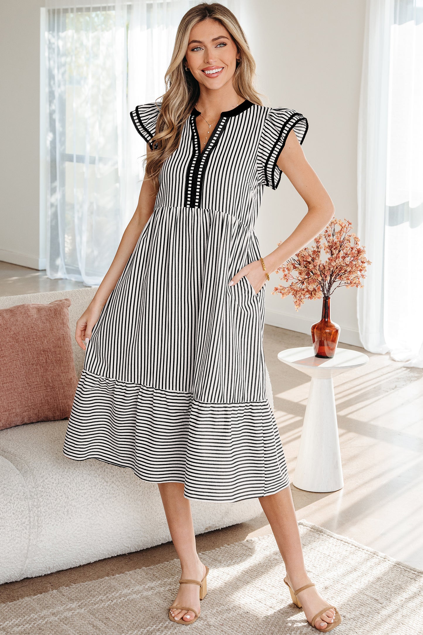 Striped Flutter Sleeve Tiered Midi Dress with Contrast Trim