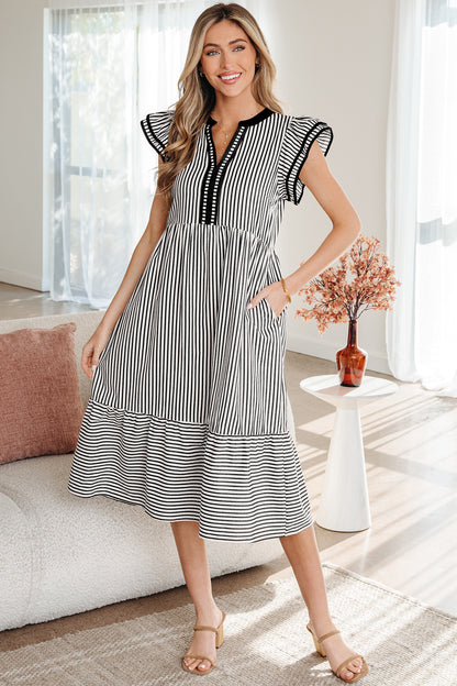 Striped Flutter Sleeve Tiered Midi Dress with Contrast Trim