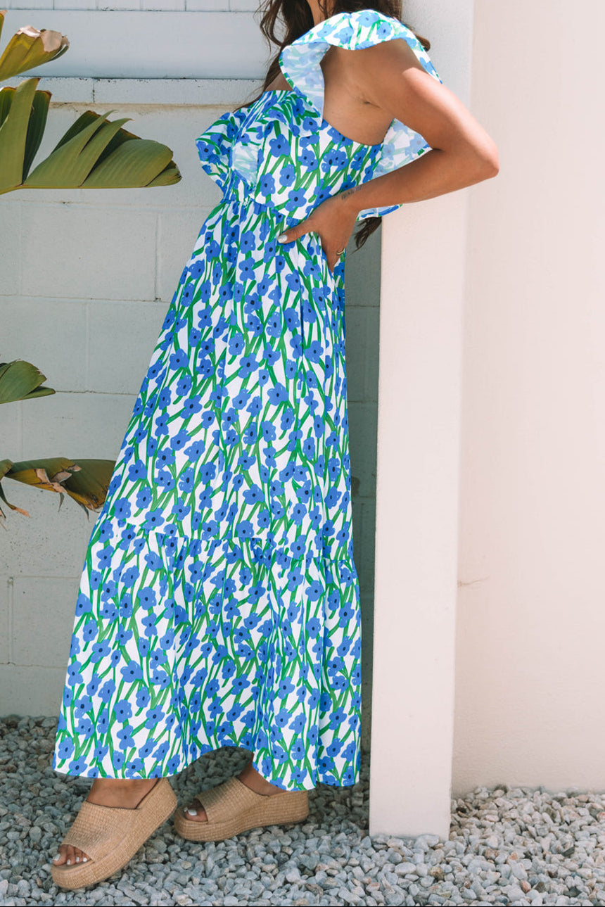 Willow Floral Square Neck Ruffle Sleeve Pocket Maxi Dress