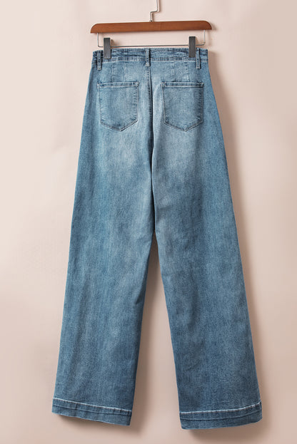 Dusk Blue Multi‑Button Medium Wash Straight Loose‑Leg Jeans