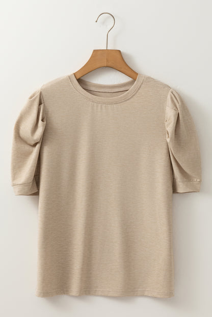Parchment Ruched Puff Sleeve Round Neck Tee