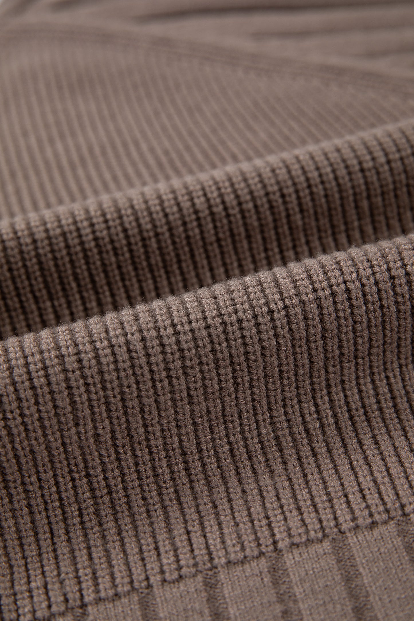 Women's taupe textured bishop sleeve cardigan with a V-neck, button-front closure, mixed knit texture, and relaxed fit.