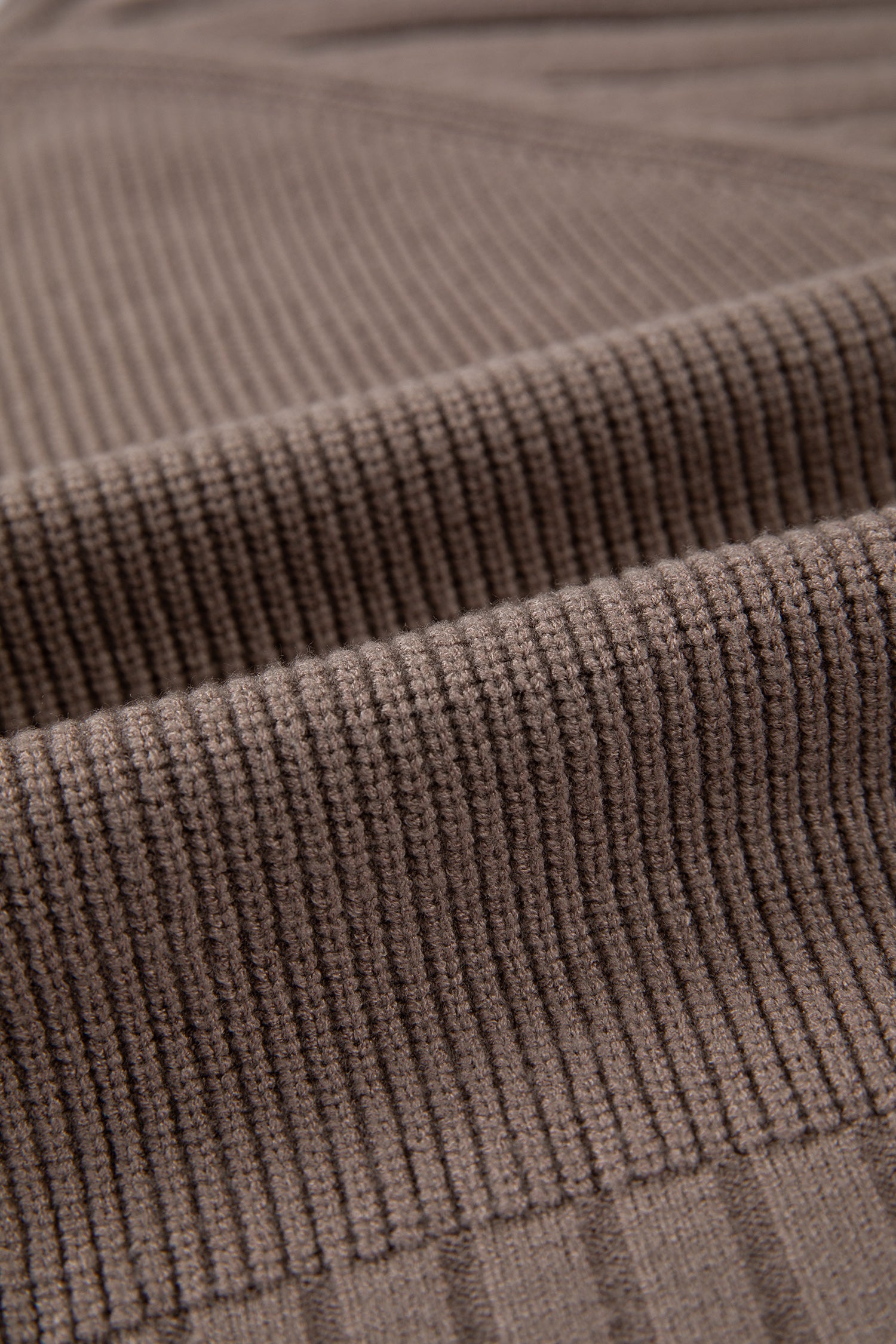 Women's taupe textured bishop sleeve cardigan with a V-neck, button-front closure, mixed knit texture, and relaxed fit.