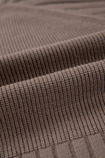 Women's taupe textured bishop sleeve cardigan with a V-neck, button-front closure, mixed knit texture, and relaxed fit.