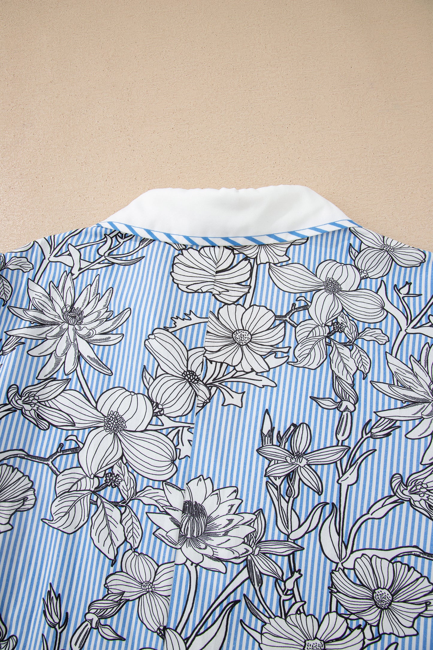 Blue Striped Floral V-Neck Short Sleeve Blouse for Women