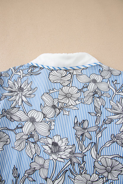 Blue Striped Floral V-Neck Short Sleeve Blouse for Women