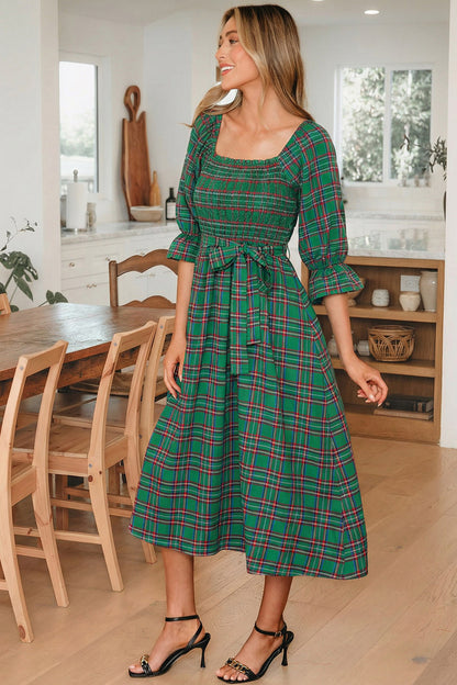Sienna Plaid Smocked Midi Dress