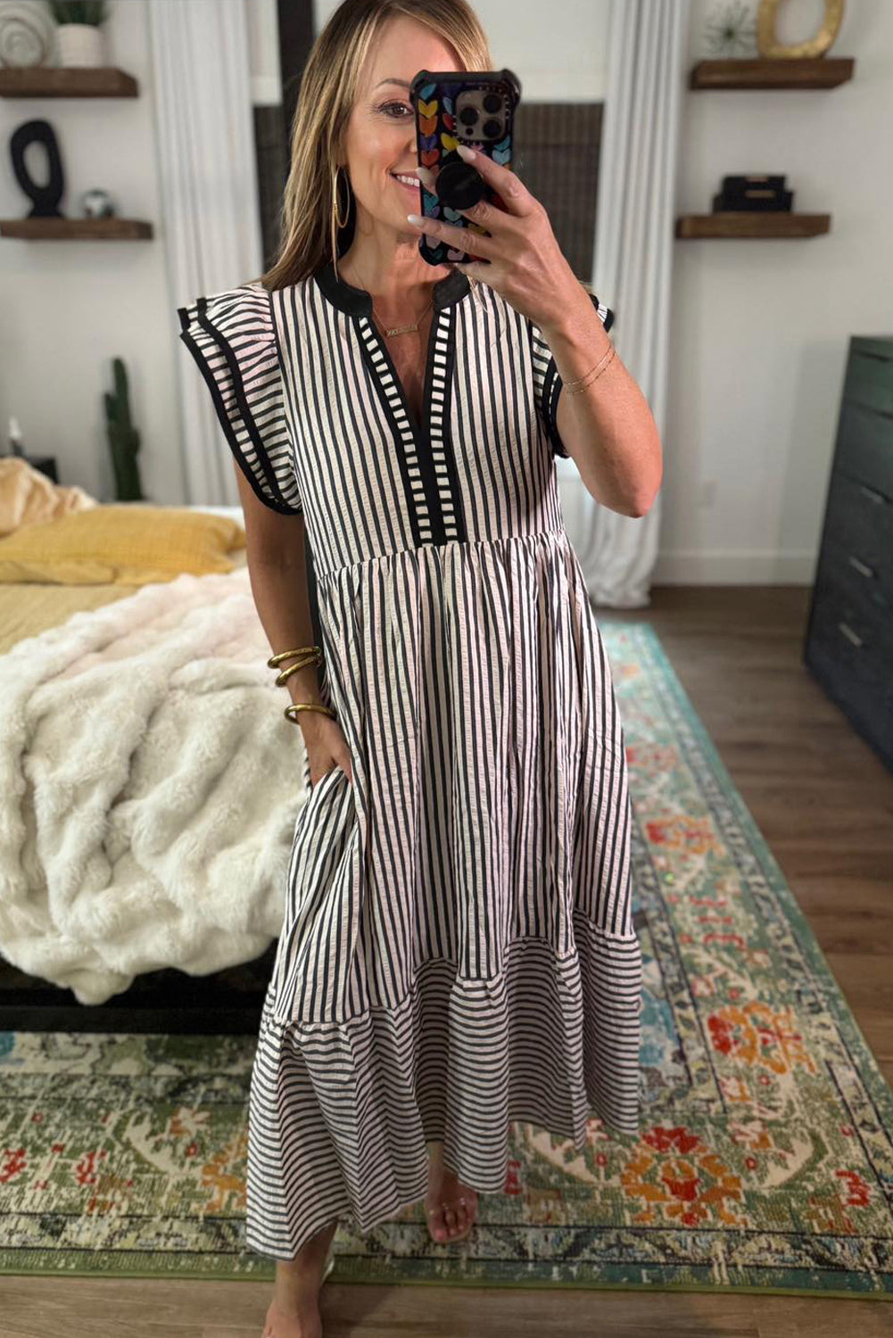 Striped Flutter Sleeve Tiered Midi Dress with Contrast Trim