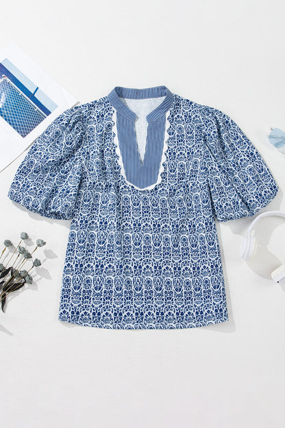 Printed Puff Sleeve Blouse – Striped Neckline Embroidered Trim Top