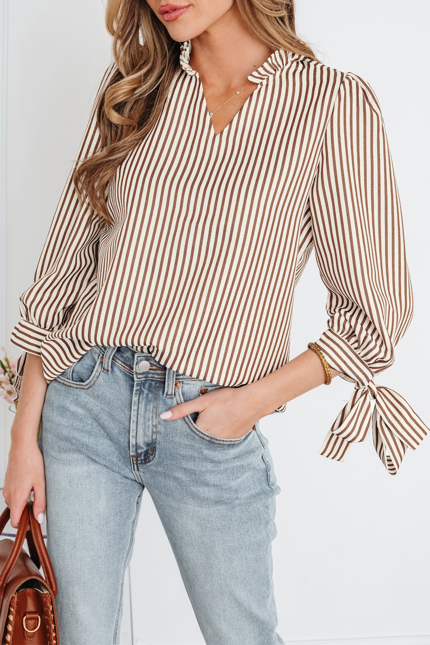 Striped Split Neck Blouse with Tied Cuffs