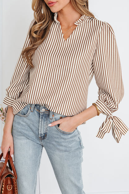 Striped Split Neck Blouse with Tied Cuffs