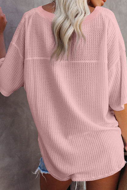 Black Waffle Knit V-Neck Loose Fit Casual Top