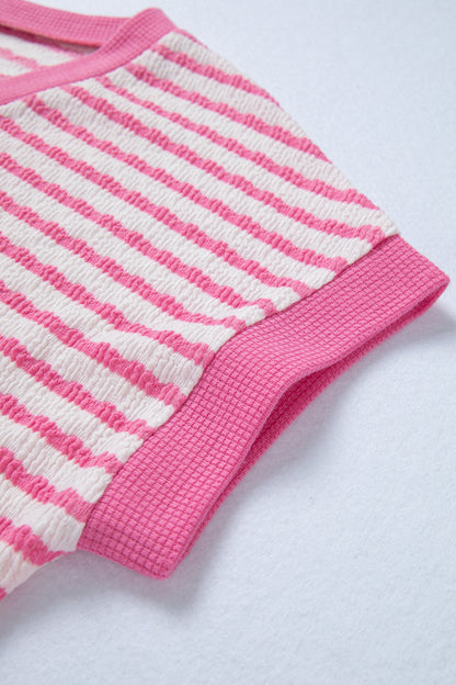 Pink Striped V-Neck Short Sleeve Knit Top – Casual Everyday Sweater Top