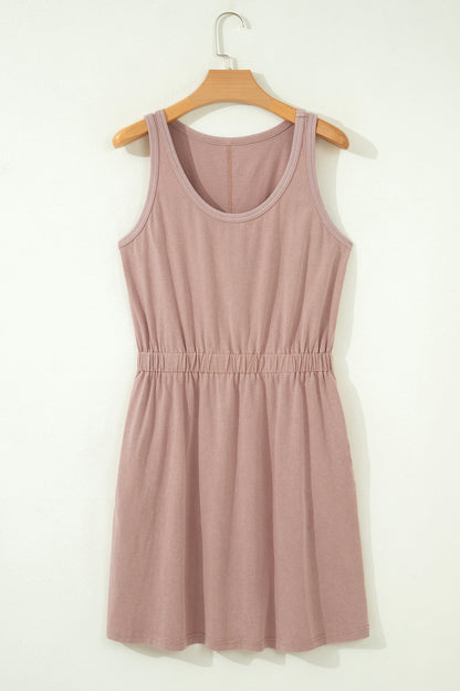 Dusty Taupe Sleeveless Elastic Waist Mini Dress – Casual Pocket Dress