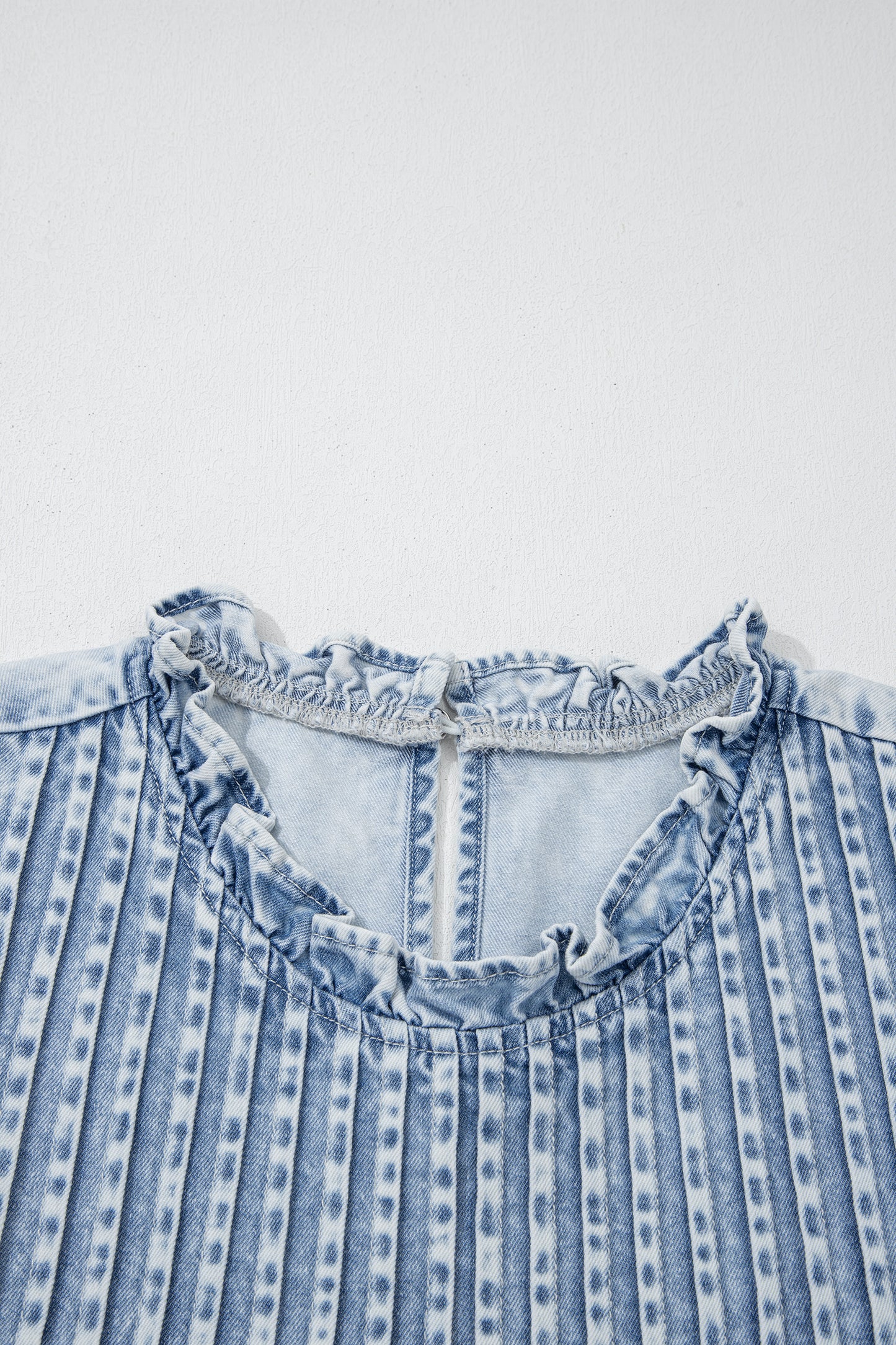 Denim Wash Ruffle Sleeve Pleated Blouse – Feminine Everyday Boutique Top