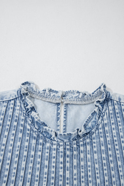 Denim Wash Ruffle Sleeve Pleated Blouse – Feminine Everyday Boutique Top