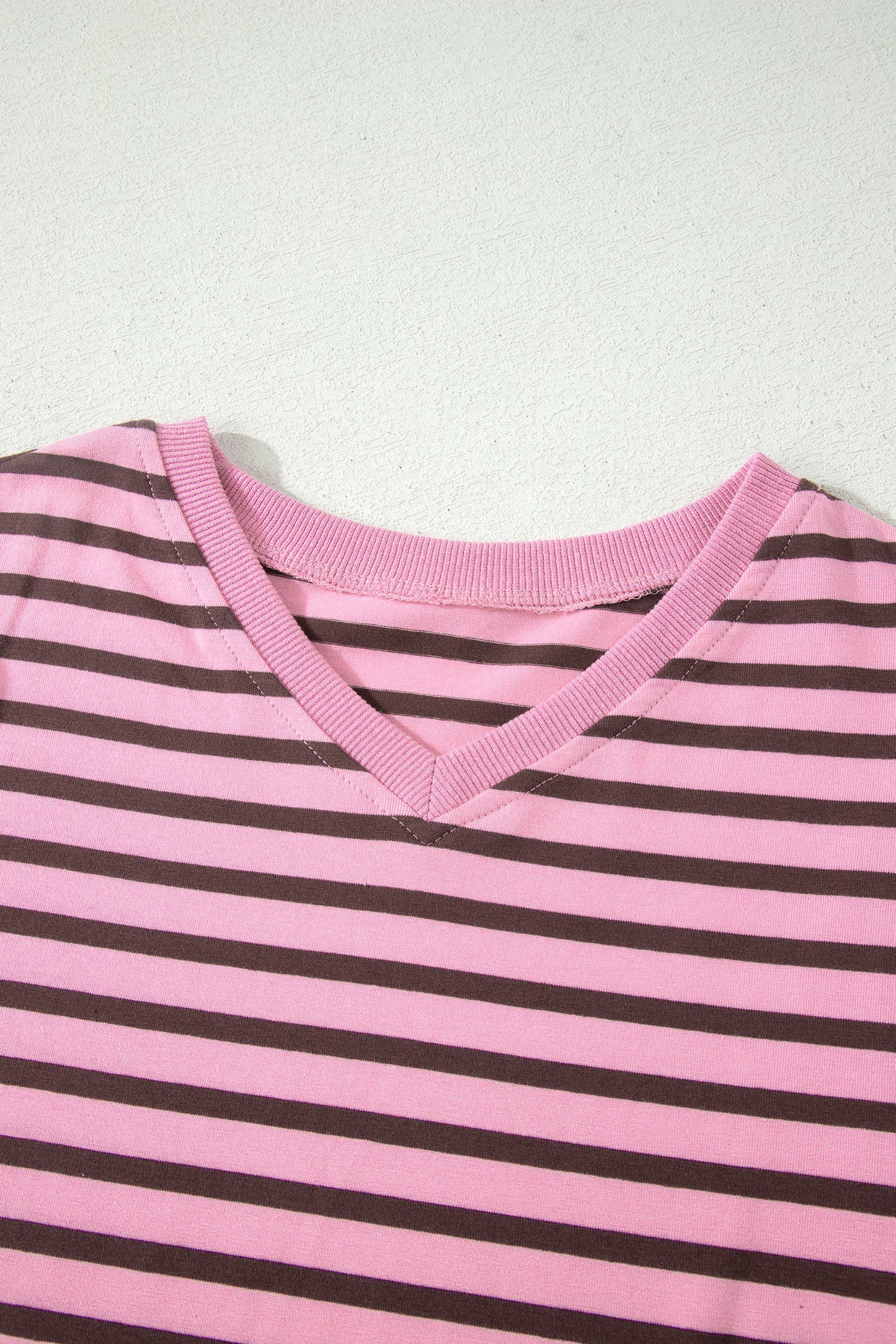 Pink Mocha Striped Puff Sleeve V-Neck T-Shirt – Casual Everyday Top