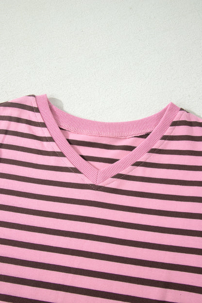 Pink Mocha Striped Puff Sleeve V-Neck T-Shirt – Casual Everyday Top
