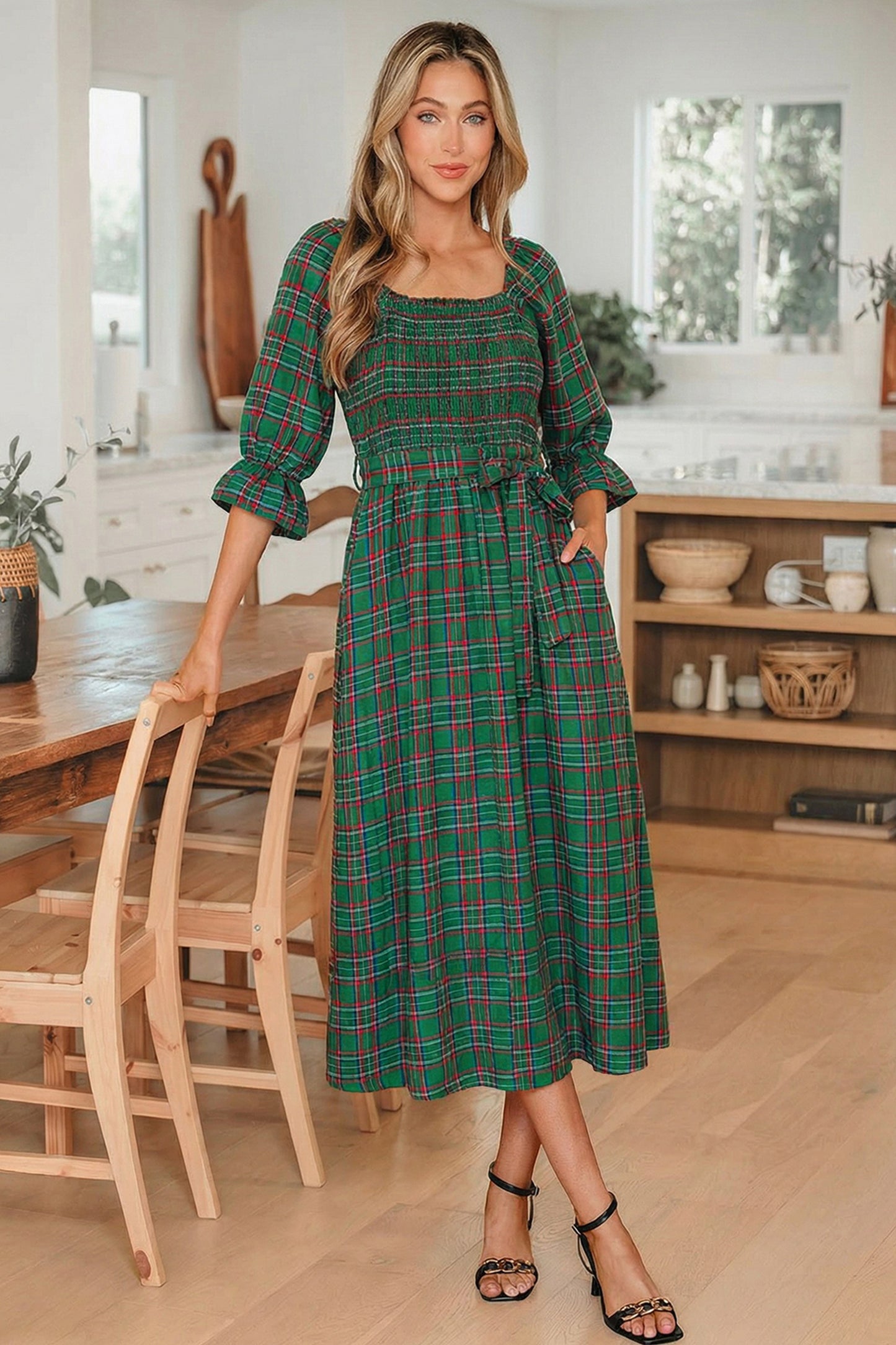 Sienna Plaid Smocked Midi Dress