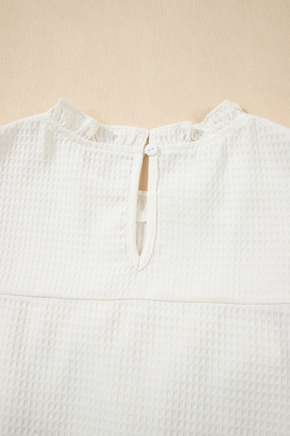 White Waffle Knit Ruffle Sleeve Blouse – Feminine Mock Neck Everyday Top