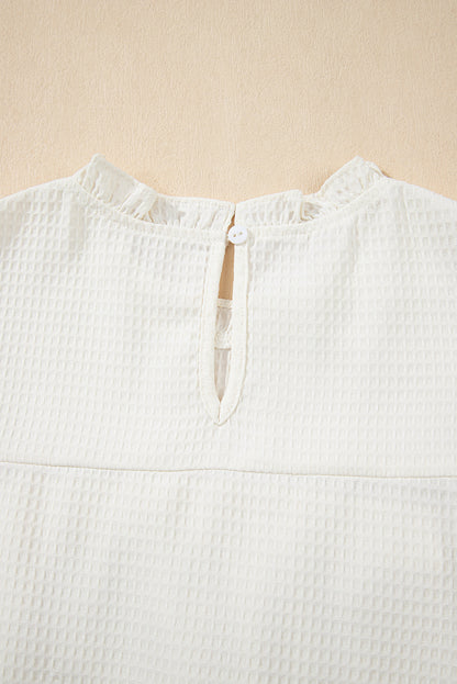 White Waffle Knit Ruffle Sleeve Blouse – Feminine Mock Neck Everyday Top