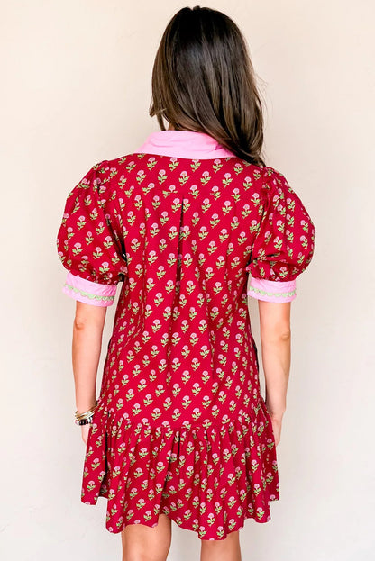 Colette Red Floral V-Neck Puff Sleeve Mini Dress