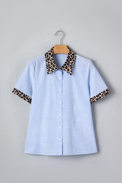 Leopard Contrast Collar Striped Blouse – Casual Everyday Button Front Top