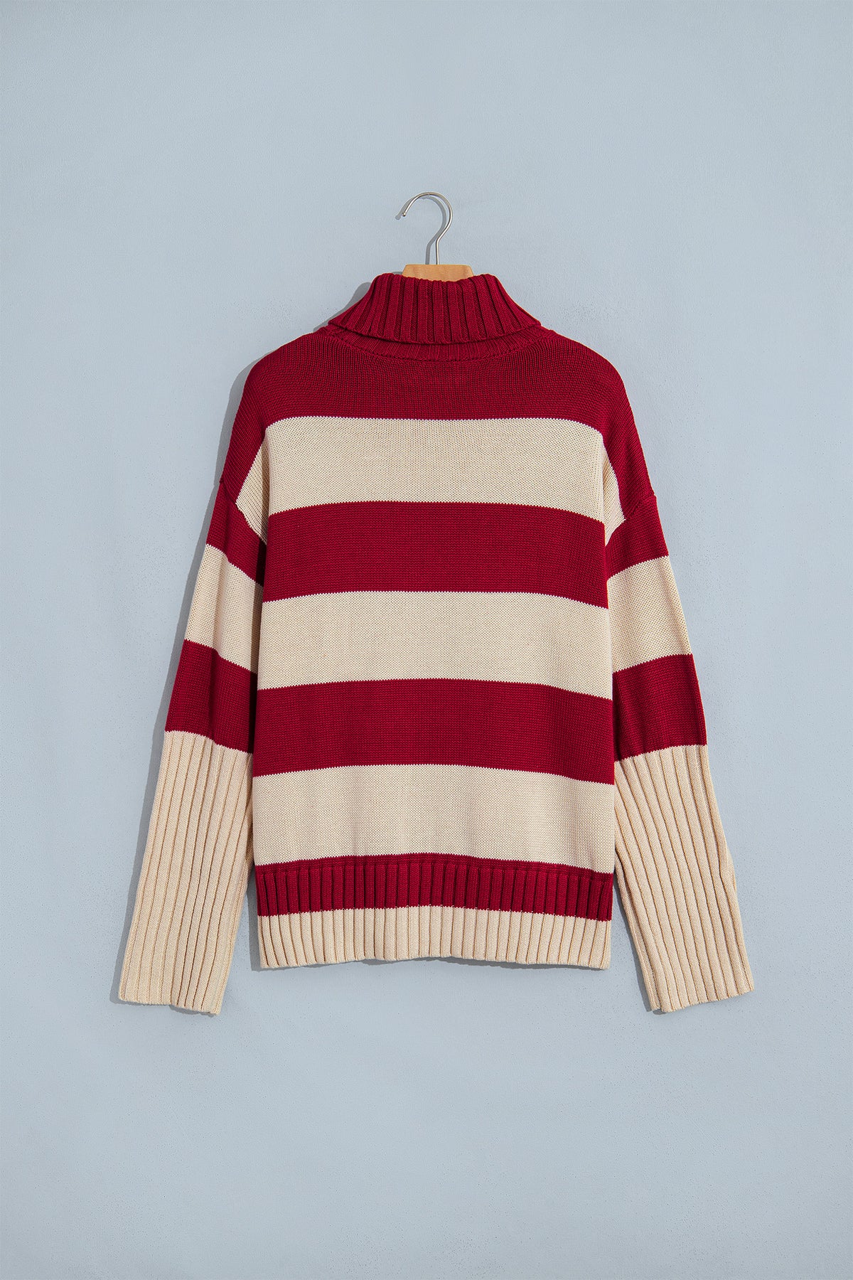 Red Striped Turtleneck Sweater – Relaxed Ribbed Knit Pullover