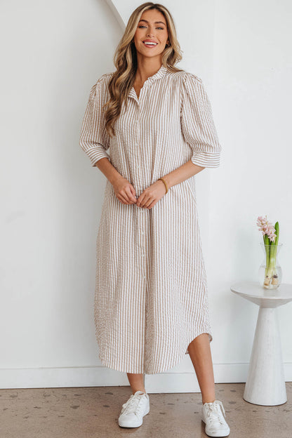 Khaki Striped Button Down Shirt Maxi Dress with Pockets