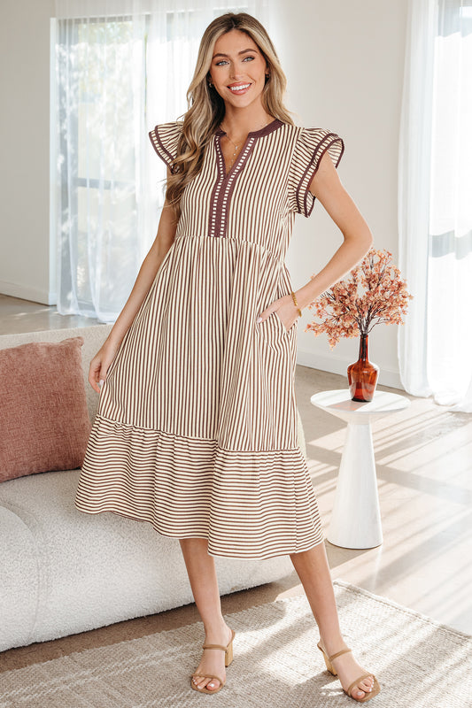 Striped Flutter Sleeve Tiered Midi Dress with Contrast Trim